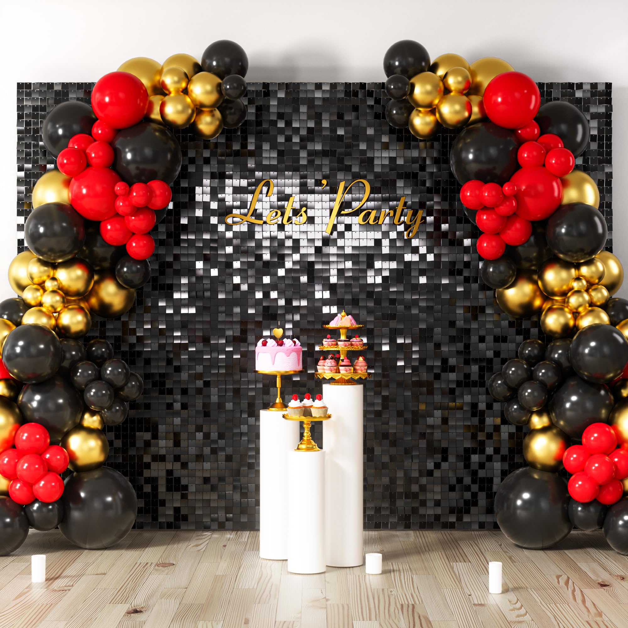Photo 1 of COKAOBE Black Shimmer Wall Backdrop, 48PCS Square Sequin Shimmer Backdrop Panel, Photo Backdrops for Birthday, Anniversary, Wedding, Graduation & Bachelorette Party Decoration