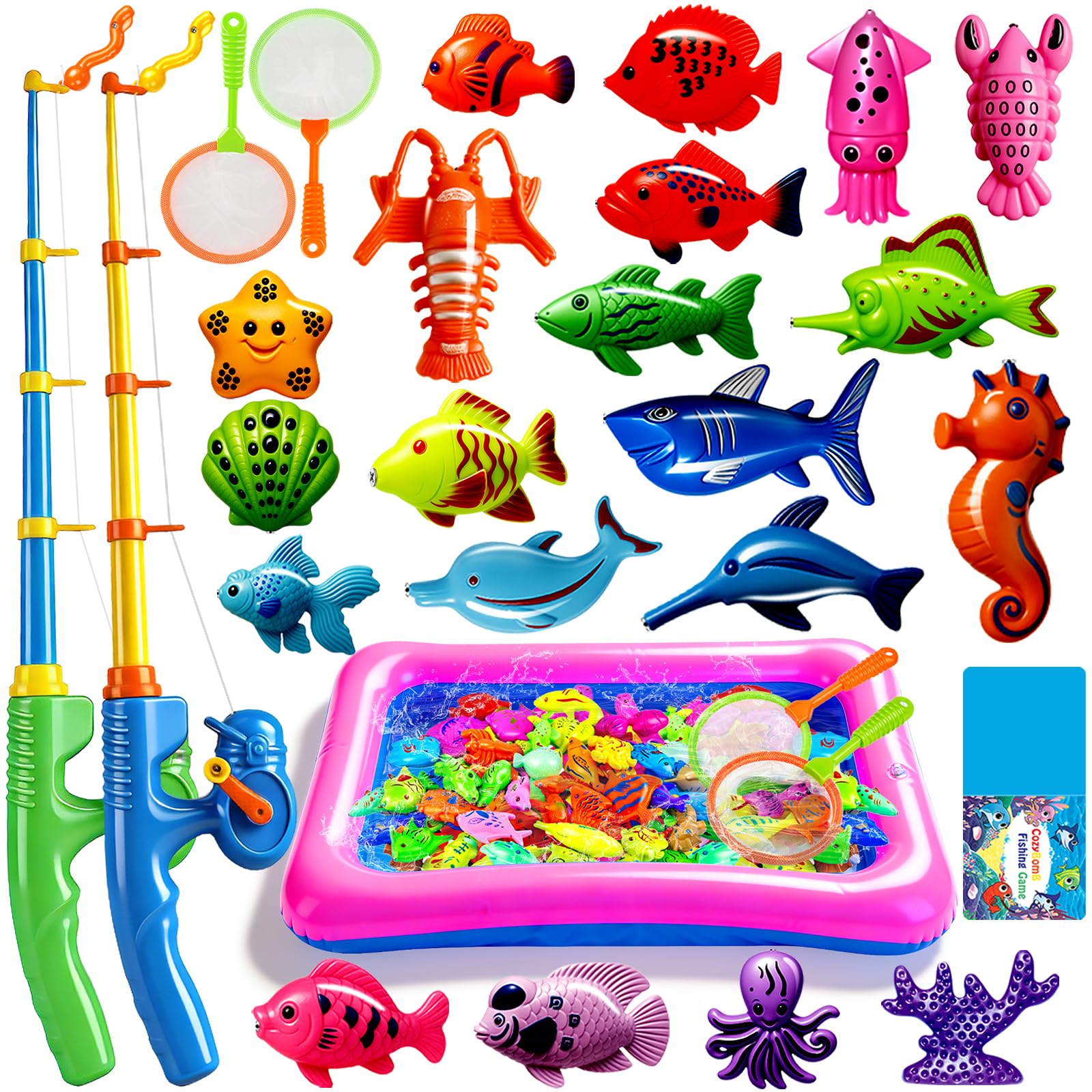 CozyBomB™ Magnetic Fishing Toys Game Set for Kids | Water Table Bathtub Kiddie Pool Party Pole Rod Net, Outdoor Plastic Floating Fish, Toddler Bath Color Ocean Sea Animals Birthday Gift Age 3-5 6 4-8