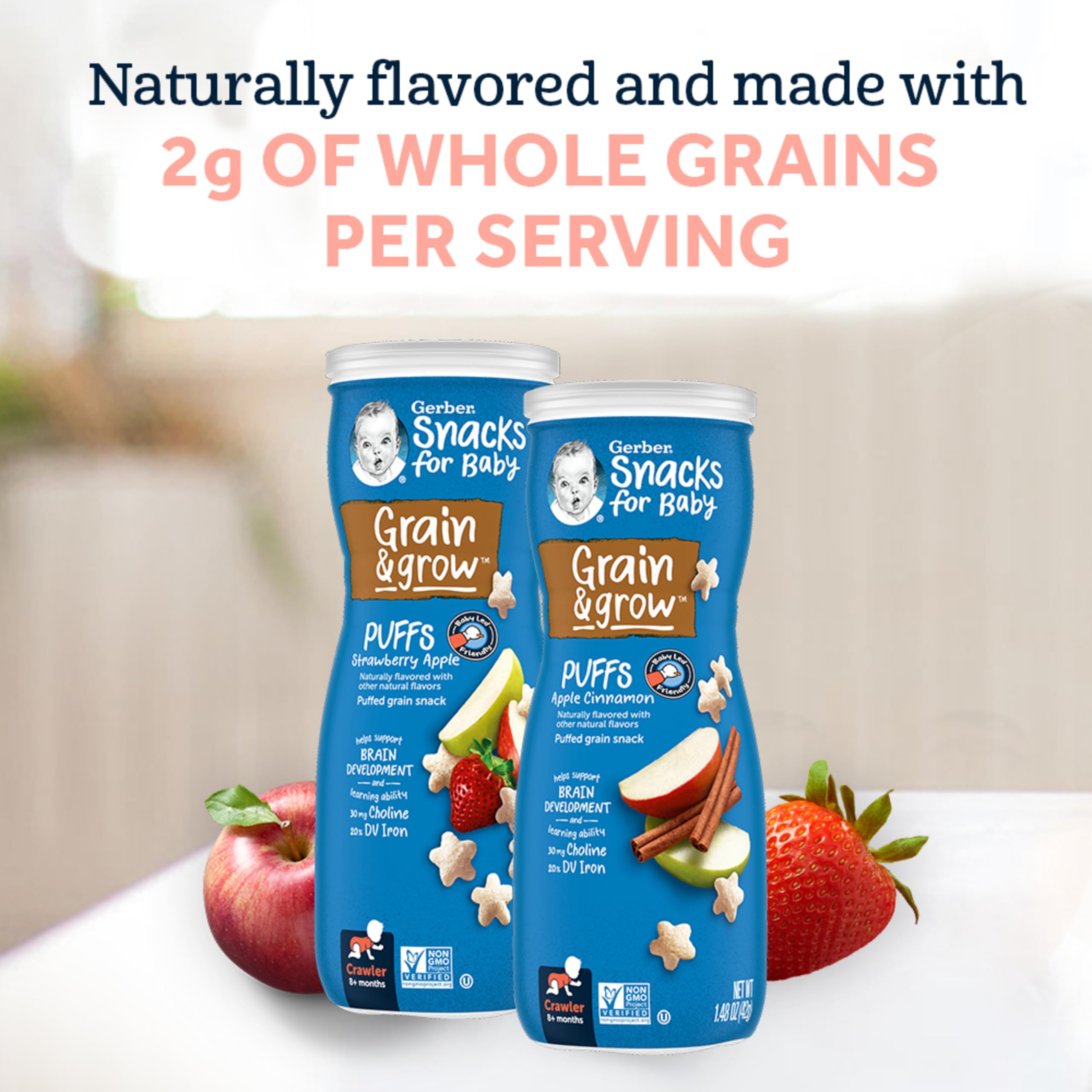Gerber Stage 3 Baby Snacks, Strawberry Apple Puffs, Puffed Grain Snack, Baby Led Feeding, Iron & Choline, Strawberry Apple Puffs Snacks, 6-Pack