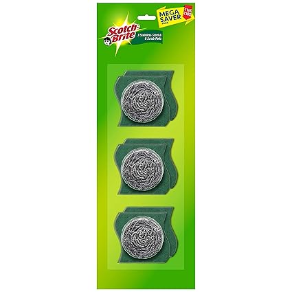 Scotch-Brite Stainless Steel Scrub - Pack of 3 ( 3X 15g Steel +Free 3 scrub pads 3X3)