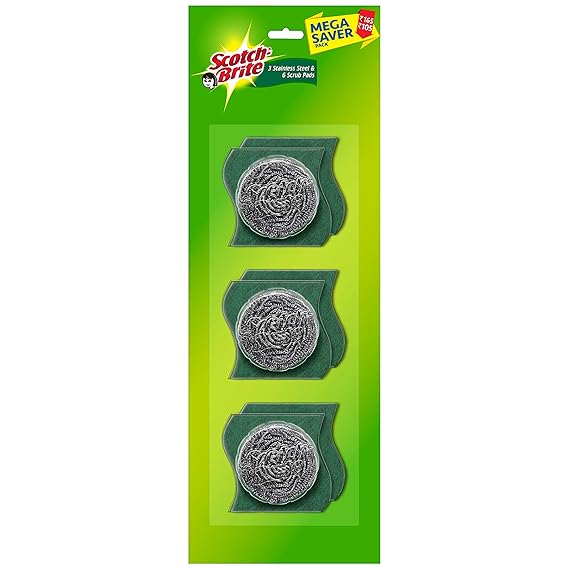 Scotch-Brite Stainless Steel Scrub - Pack of 3 ( 3X 15g Steel +Free 3 scrub pads 3X3)