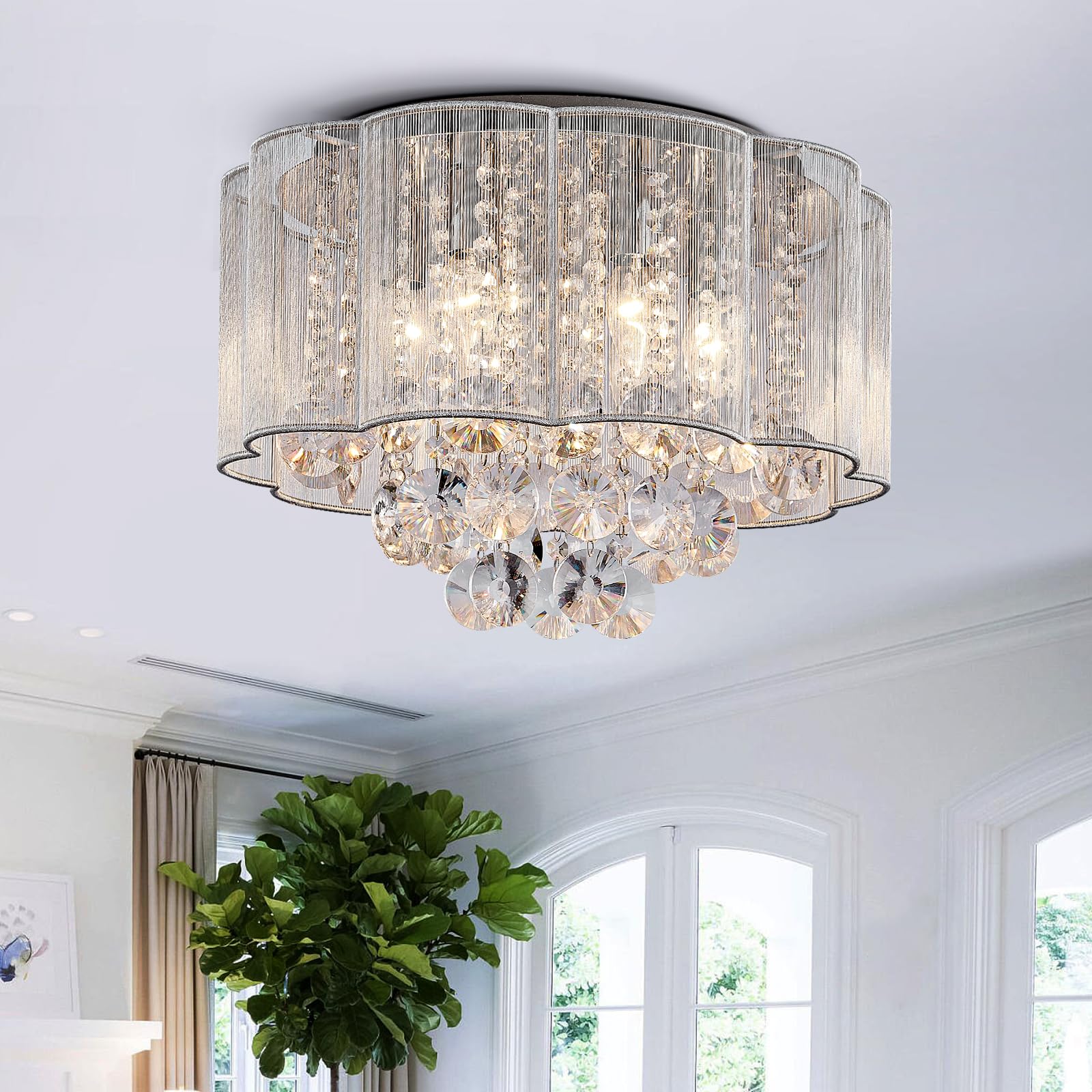 BESTIER Modern Crystal Raindrop Drum Chandelier Shade Lighting Ceiling Flush Mount LED Light Fixture Pendant Lamp for Dining Room Bathroom Bedroom Livingroom 6 E14 LED Bulbs Required