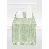 PurpleEssences Chambray Table Runner with Fringes - 100% Cotton, 13x72 Inch - Rustic Farmhouse Table Décor, Reusable, Machine Washable for Dining Tables - Spring Easter Summer - Sage Green & H.White