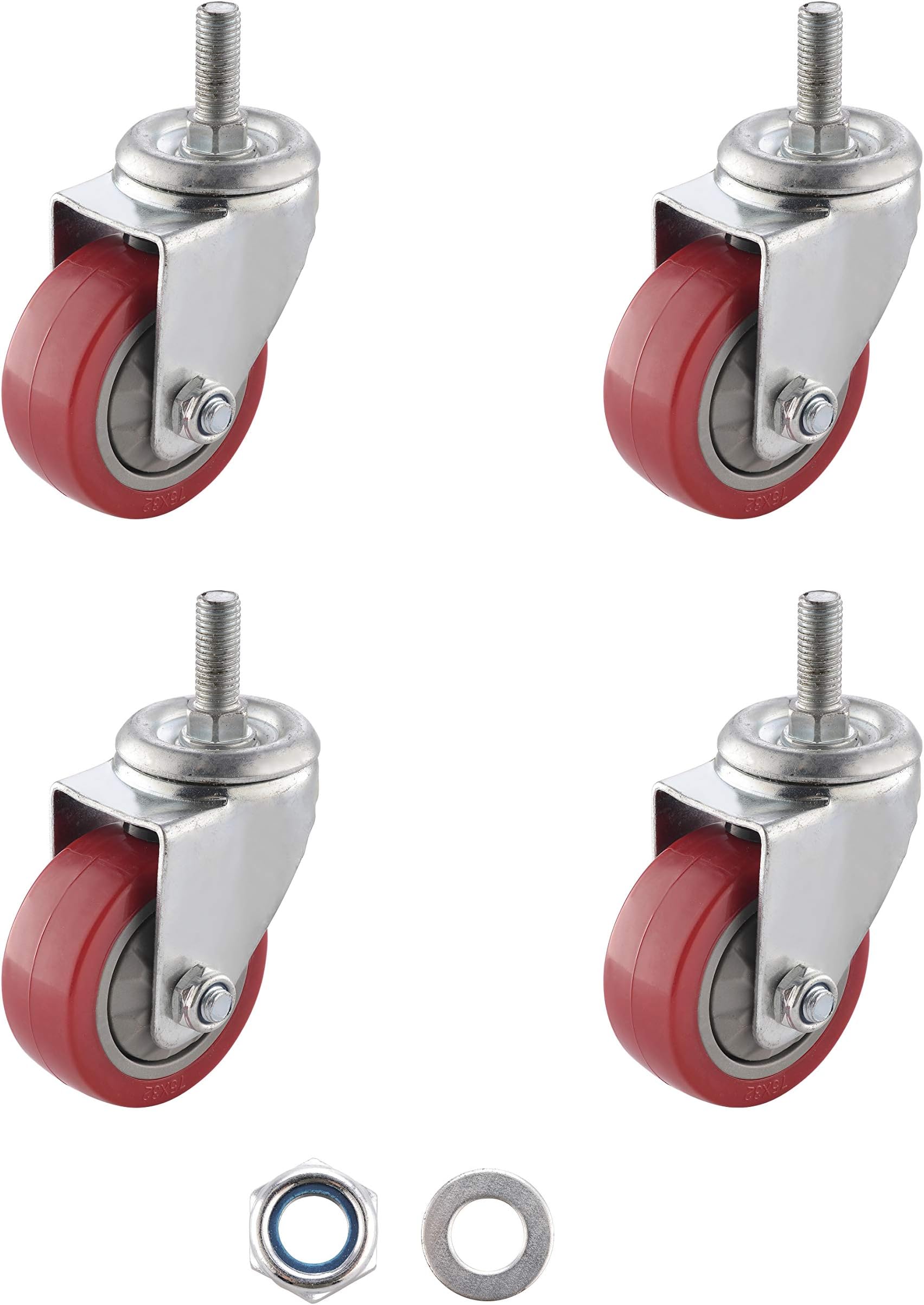 SungMi 4 Pack 3" Heavy Duty Caster Wheels PVC Threaded Stem Swivel Casters with 360 Degree Red Wheels (4 without Brakes) Nuts Included SM-AMS-240007