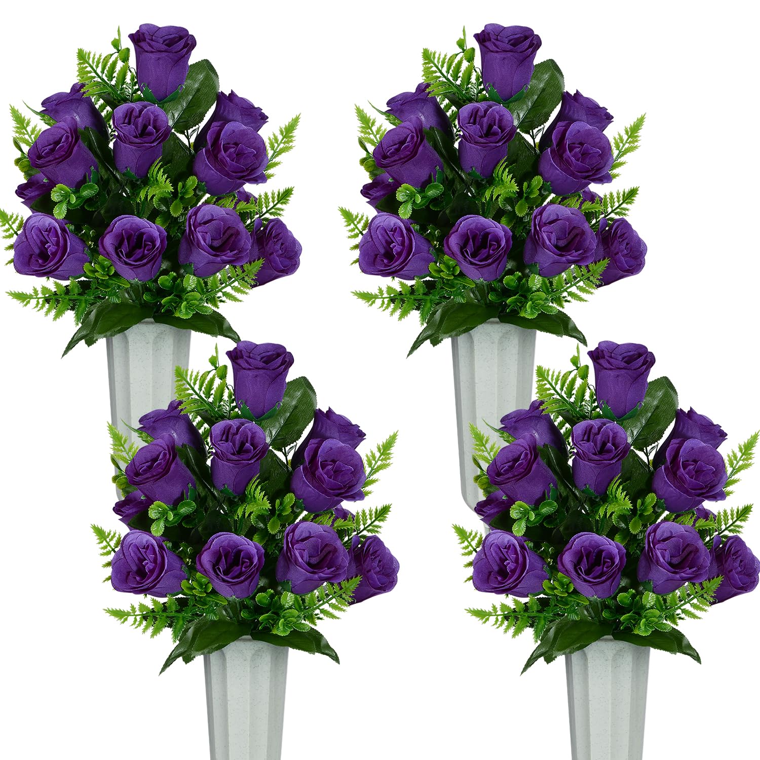 SIFOEL Artificial Cemetery Flowers with Vase, Artificial Rose Bouquet Grave Memorial Flowers for Cemetery Headstones Decoration (Purple-4Pcs)