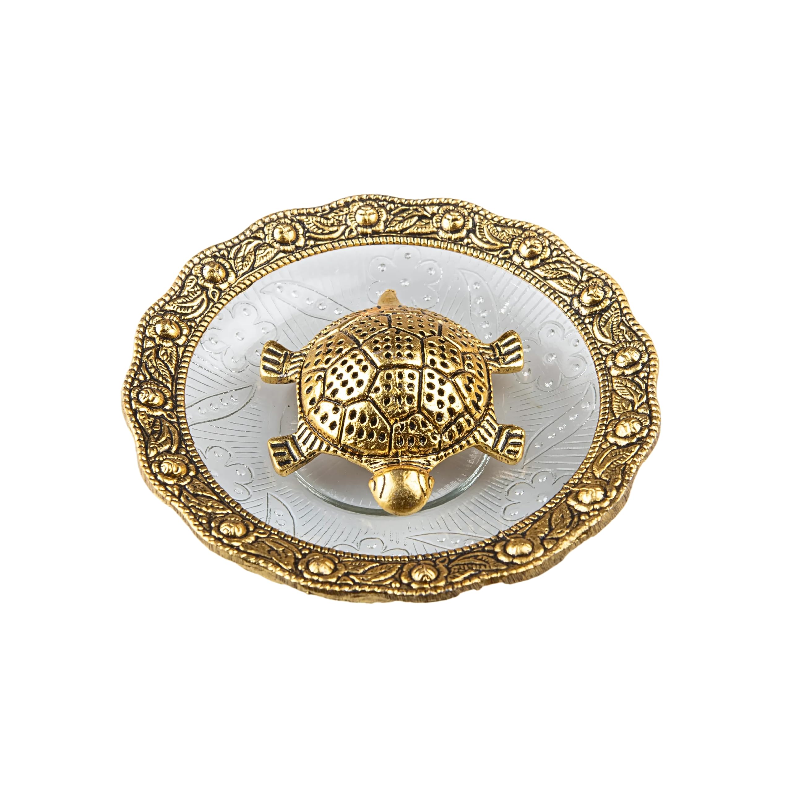 Wonder Care | Feng Shui Tortoise Statue Within Glass Plate Sculpted in Great Detail in Ivory Antique Finish - Idol for Car | Home Decor | Gift | (Turtle Plate 5")...
