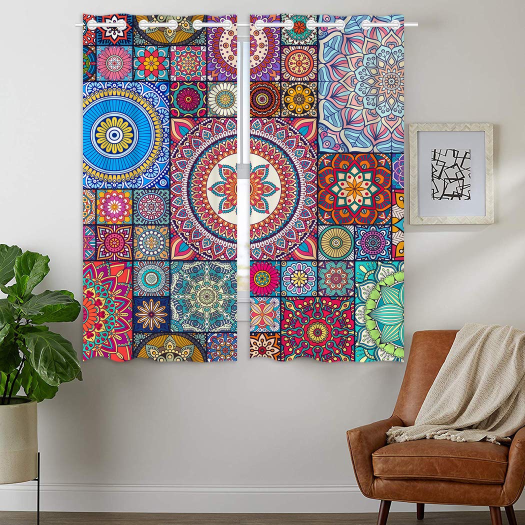 YISUMEI - Thermal Insulated Blackout Curtain Material Ring Top Curtain for Bedroom Livingroom - Stitching Mandala - 110 x 160 cm (WxD) 2 Panels