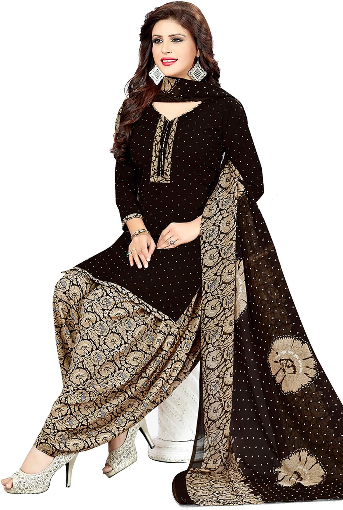 S Salwar Studio Women's Black & Beige Synthetic Printed Unstitch Dress Material with Dupatta(SOM-0041793_Black_Free Size)