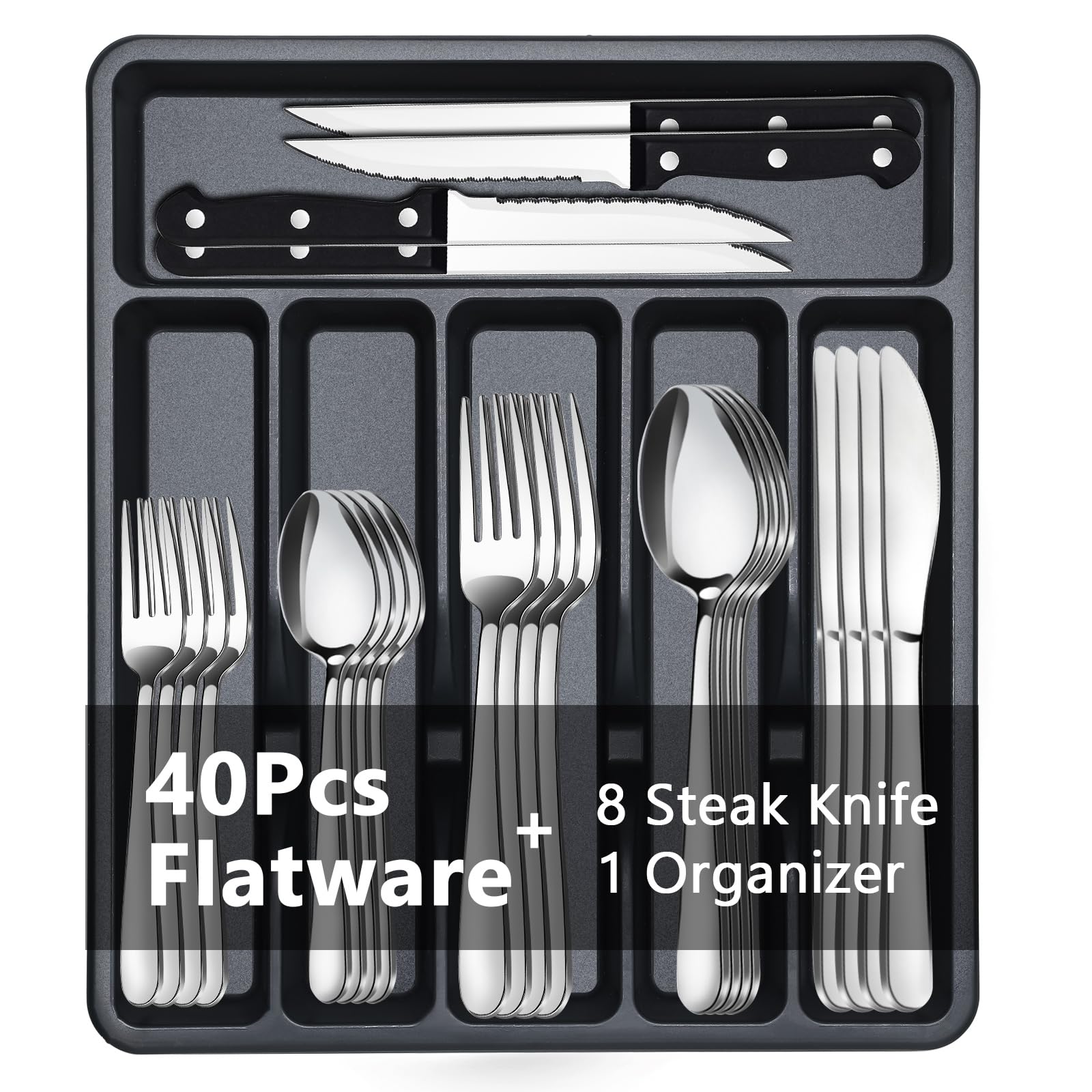 BEWOS 49-Piece Silverware Set with Organizer - Stainless Steel Silverware Set for 8 with Drawer Organizer, Dishwasher Safe Flatware Set for Home and Restaurant, Mirror Polished Image