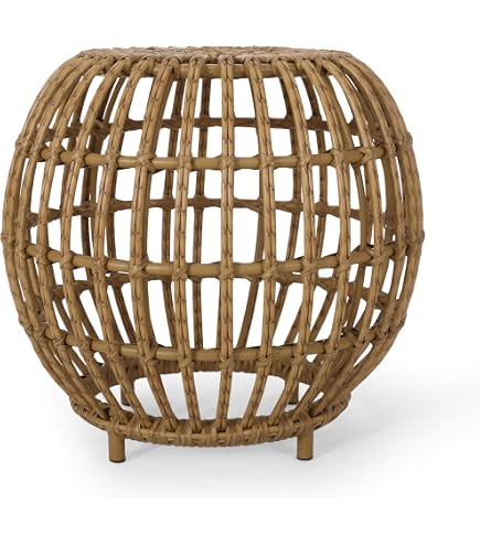 JYXIN 16.5" Round Rattan Side Table — Wood Top, Wicker Design, Indoor/Outdoor Use