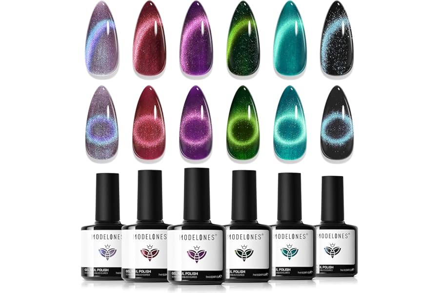 modelones Cat Eye Gel Nail Polish, 6 Colors Christmas Glitter Red Green Purple Blue Gel Polish Set with Magnet Sparkle Galaxy Series Nail Gel Polish Kit Soak Off Led Nail Art Manicure Salon DIY Gifts