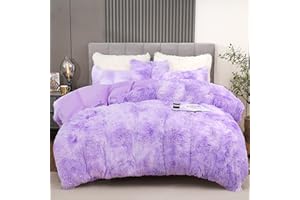 BLEUM CADE Fluffy Plush Purple Duvet Cover Set Queen Size, Luxury Soft Velvet Fuzzy Comforter Cover Bed Sets 4Pcs(1 Faux Fur Duvet Cover + 2 Pillow Cases + 1 Pillow Cover) Zipper Closure (Queen, Purple)