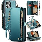 Defencase Compatible with iPhone 15 Pro Max Case Wallet with RFID Blocking Card Holder for Women Men, PU Leather Magnetic Snap Flip Zipper Strap Wallet Phone Case Fit for iPhone 15 Pro Max, Blue Green