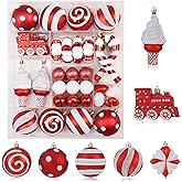47PCS Red and White Christmas Ornaments Sets, Shatterproof Candy Cane Christmas Tree Decorations, Hanging Ball Ornaments Tree Decor for Xmas Party (Red & White)
