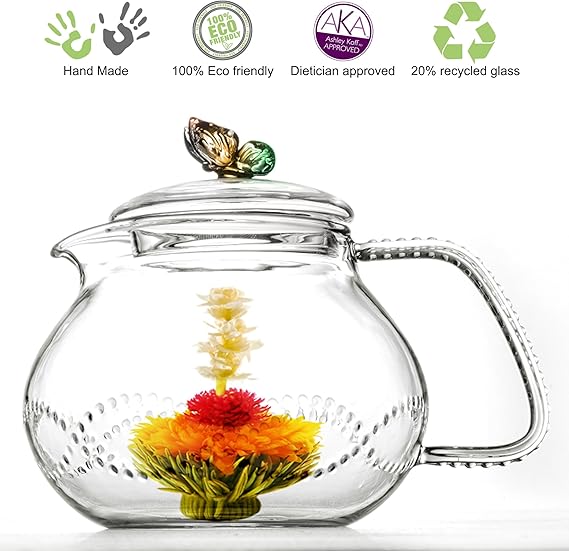 Tea Beyond Clear Glass teapot Rainbow Butterfly 24 oz