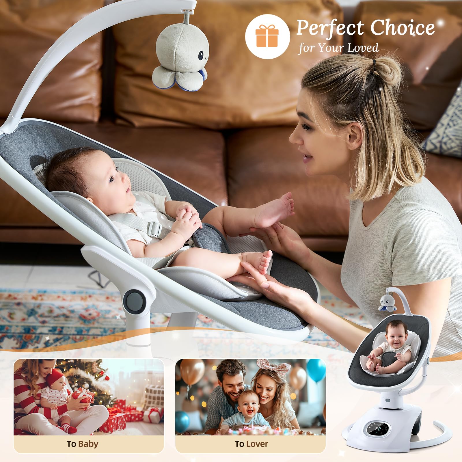 VaVaSoo Electric Baby Swing for Infants 6 Motion Automatic Newborn Baby Rockers for Girl & Boy with Remote Control, 5 Speed, 13 Melodies, Light Gray