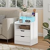 Algglobuy Night Stand with Charging Station, LED Nightstand with USB Ports and Outlets, Bedside Table with 2 Storage Drawers,