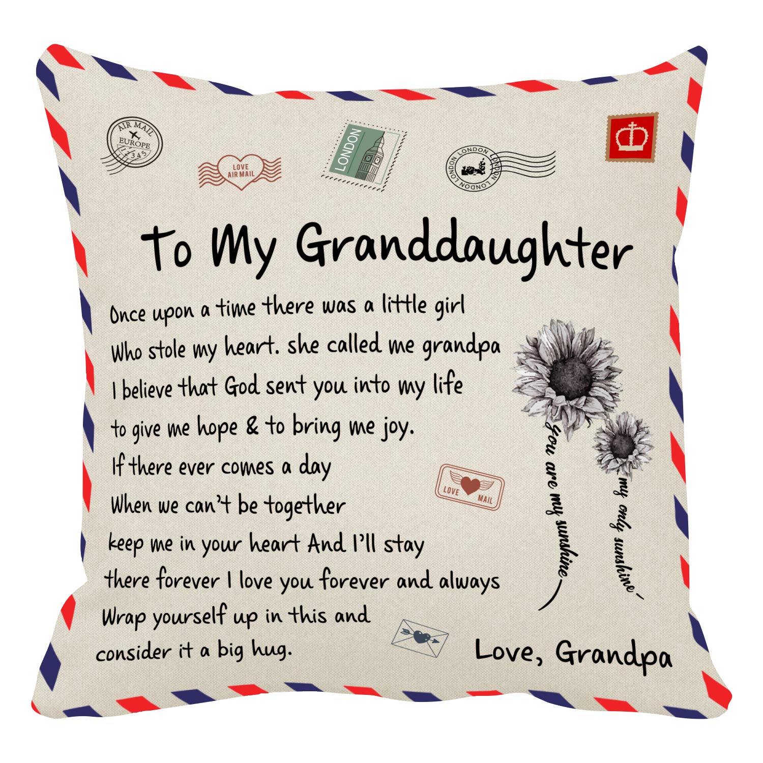 Kenon Personalized Pillow Covers to My Granddaughter Gift Form Grandpa Chrismas Birthday Soft Solid Decorative Square Throw Pillow Covers Set Cushion Case for Sofa Bedroom Car