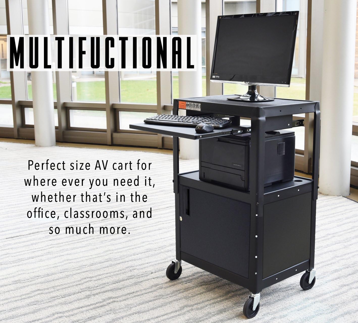 Line Leader AV Cart and Locking Cabinet - Includes Pullout Keyboard Tray, Easy Locking Wheels and Cord Management - Great for School and Office (42 x 24 x 18 / Black) : Office Products