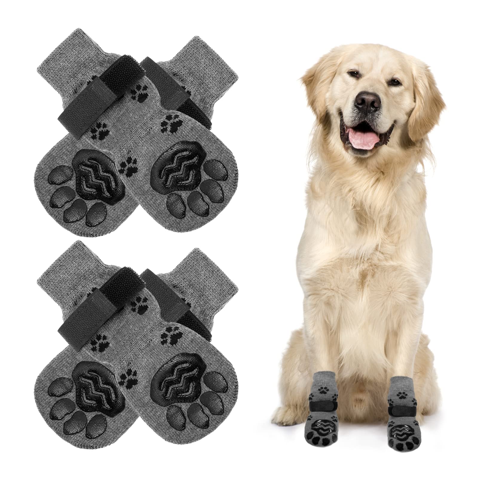 NeuWook Anti Slip Dog Socks 2 Pairs, Dog Grip Socks with Straps Traction Control for Indoor on Hardwood Floor Wear, Pet Paw Protector for Small Medium Large Dogs (L, Black and gray)