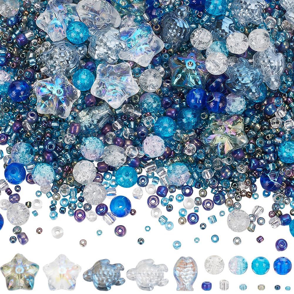 SUNNYCLUE 1 Box 3000+Pcs Starfish Beads Bulk Ocean Themed Beads Blue Sea Turtle Bead Glass Ocean Beads Summer Hawaii Beach Beads Glass Spacer Beads for jewellery Making DIY Bracelet Earrings Necklace