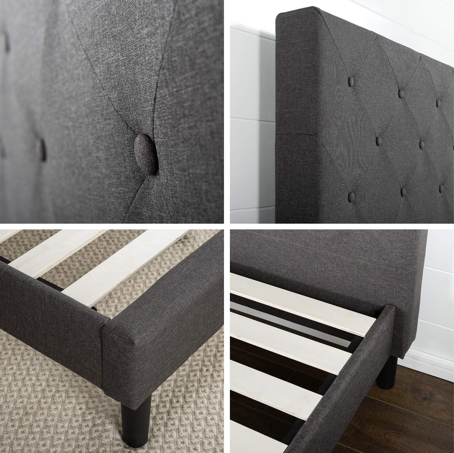 ZINUS Shalini Upholstered Platform Bed Frame / Mattress Foundation / Wood Slat Support / No Box Spring Needed / Easy Assembly, Dark Grey, Queen: Furniture & Decor