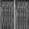 CHRORINE 2pcs 3ft x 8.3ft Black Tinsel Fringe Curtains Streamers Photo Backdrop for Birthday Graduation Halloween Anniversary Party Decorations