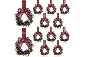 Zeyune 12 Pcs Small Christmas Wreaths for Kitchen Cabinets with Bow Ribbon Mini Cabinet Door Wreath Set Hanging Christmas Decor for Kitchen Window Outdoor Indoor, 14.96 x 7.87''(Red Green Bow)