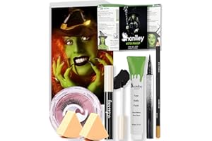 HONLLEY Halloween Wicked Witch Makeup Complete Kit Costume Women - Elphaba Green Water-Based Face Paint, Black Pencil, Black Lipstick, Eyelashes & Guide | Frankenstein Character Set for SFX Cosplay Parties