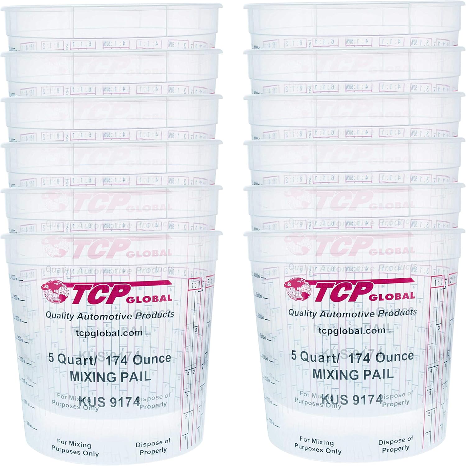 Custom Shop/TCP Global (Pack of 12 - Mix Cups/Buckets - 5 Quart) - (174 Ounce Volume Paint and Epoxy Mixing Cups) - Mix Cups are Calibrated Multiple Mixing Ratios (1-1) (2-1) (3-1) (4-1) (8-1)