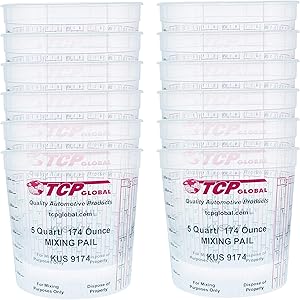 Custom Shop/TCP Global (Pack of 12 - Mix Cups/Buckets - 5 Quart) - (174 Ounce Volume Paint and Epoxy Mixing Cups) - Mix Cups are Calibrated Multiple Mixing Ratios (1-1) (2-1) (3-1) (4-1) (8-1)