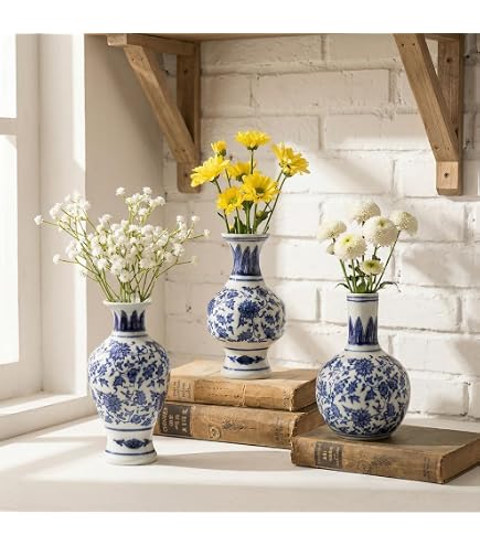 Amazon.com: 小陶瓷花瓶3 件組,青花瓷花瓶組,藝術Fambe 釉瓷花瓶組