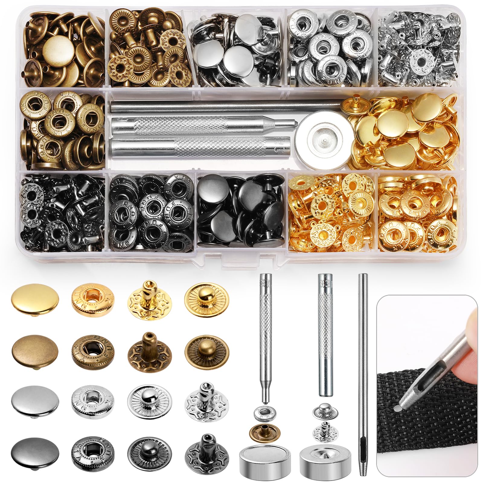 Ysimple 144 Sets Press Stud Kit, 4 Color 12.5mm Snap Fastener Kit with 4 Setting Tools, Snap Fasteners Press Studs for Wallet Craft, Jacket, Leather DIY Craft, Jeans, Canvas, Clothes Repair