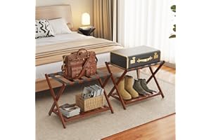 BAMBOOHOMIE 2 Pack Bamboo Luggage Rack for Guest Room, 26.77" Folding Wide Suitcase Stand with Storage Shelf, Thickened Lugga