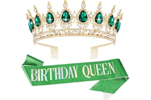 Vovii Birthday Crown & Sash Set for Women, Green Tiara & Birthday Queen Sash for Women Birthday Decorations, Happy Birthday Party Decorations for Birthday Crown Adult Woman
