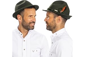 BAVARIA TRACHTEN German Hat for Oktoberfest, 100% Wool Felt Bavarian Hat Men, Bird Feather - Alpine Austrian Hats - Green