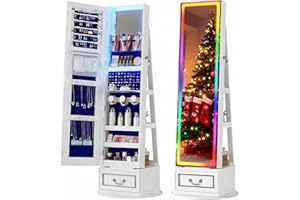 Vlsrka LED Mirror Jewelry Cabinet Standing, Lockable Full Length Mirror with Storage, Large Jewelry Organizer Mirror with Touch Screen Control, 14 RGB Light Modes, Christmas Gifts, White