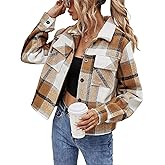 Binshre Womens Cropped Plaid Shacket Flannel Long Sleeve Button Down Jackets Coat for Women