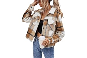 Binshre Womens Cropped Plaid Shacket Flannel Long Sleeve Button Down Jackets Coat for Women