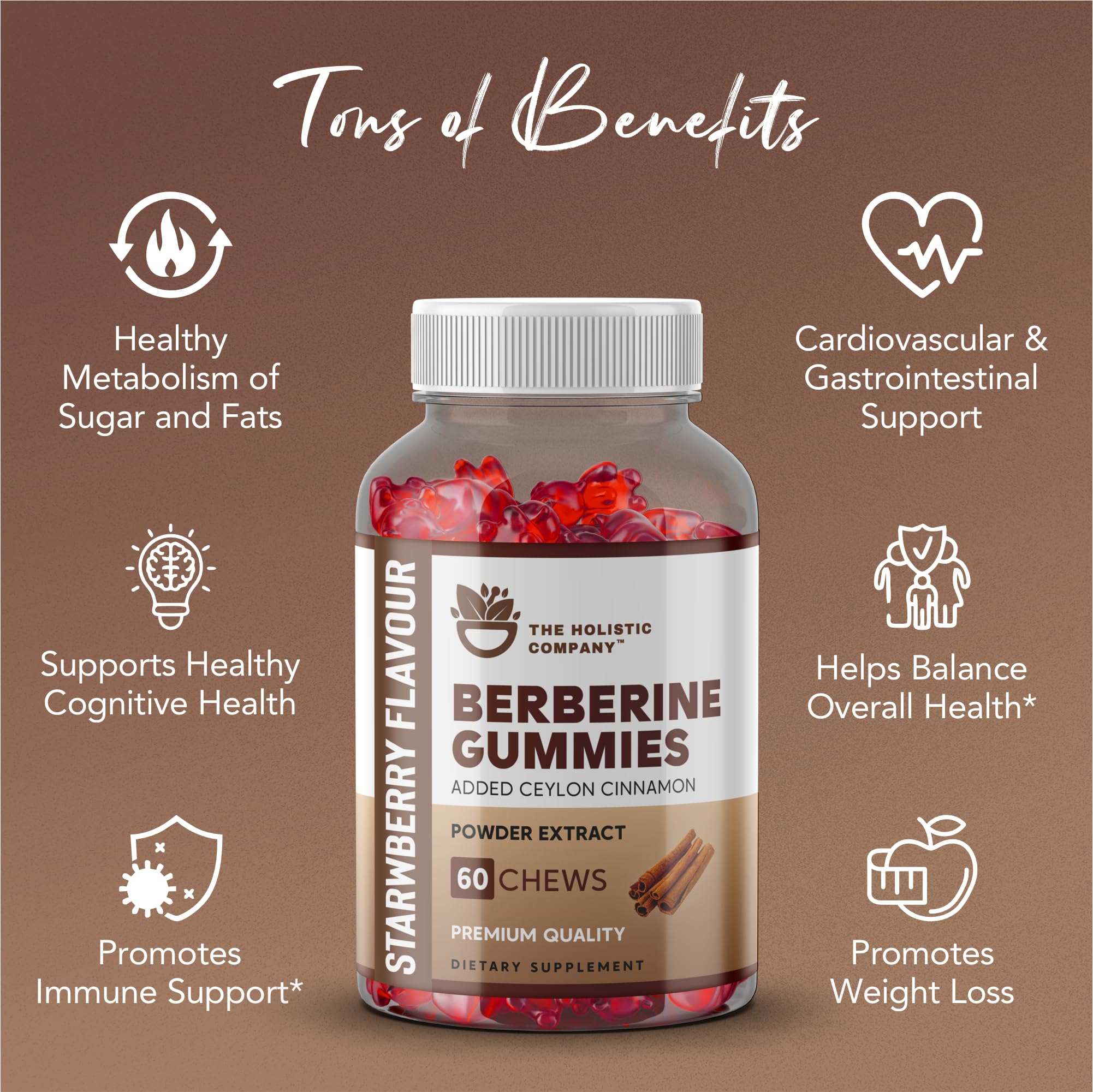 THE HOLISTIC COMPANY Berberine Gummies - Premium Quality High Strength Berberine Gummies with Ceylon Cinnamon, Berberine Supplement HCL 1200MG, 60 Gummies