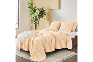 Jupitex Striped Jacquard Bedspread Quilt Coverlet King 106x96, 3 Pcs Soft Lightweight Breathable Quilted Comforter, Bicolor Reversible Embossed Bedding, Light Yellow Beige Bedspread Coverlet Quilt