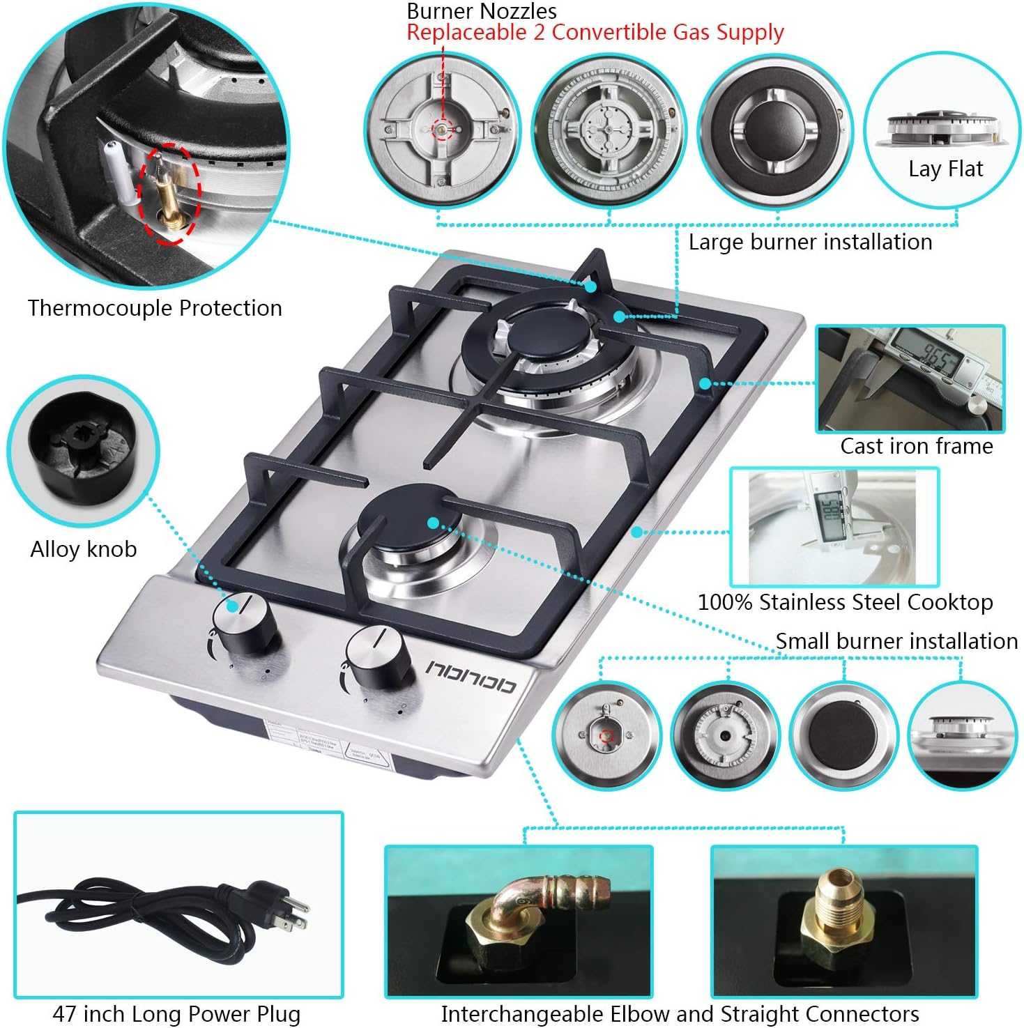 12In Gas Cooktop High Gas Stove Gas Hob Stove Top Rv Stove 2 Burners Gas Range Double Burner Gas Stoves Kitchen High Gas Stove Stainless Steel Built-In Gas HobLPG/NG Dual Fuel Easy to Clean: Kitchen & Dining