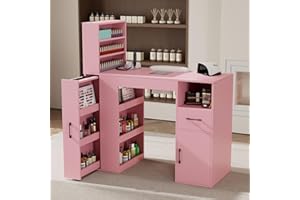 GOFEI Professional Nail Desk for Nail Tech with Storage Cabinet and Fan – Modern Nail Table for Salon, Nail Tech Table with Drawer, Armrest & Dust Collector,Manicure Table Nail Desk (Black) (Pink)