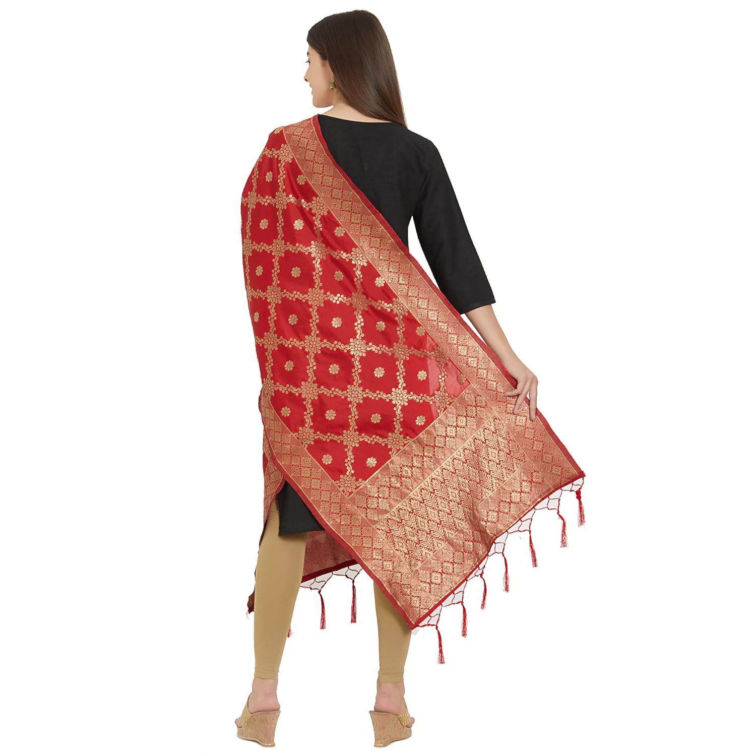 faserz women red woven design banarasi silk dupatta (fz-rr-04_red)