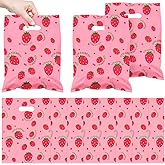 50Pcs 10*14inch Large Sweet Red Strawberry Goody Candy Treat Snack Party Favors Plastic Pink Gifts Wrapping Bags with Handles For Fruit Berry Sweet Kids Girls 1st 2nd Birthday Fruit Party Wedding Supplies