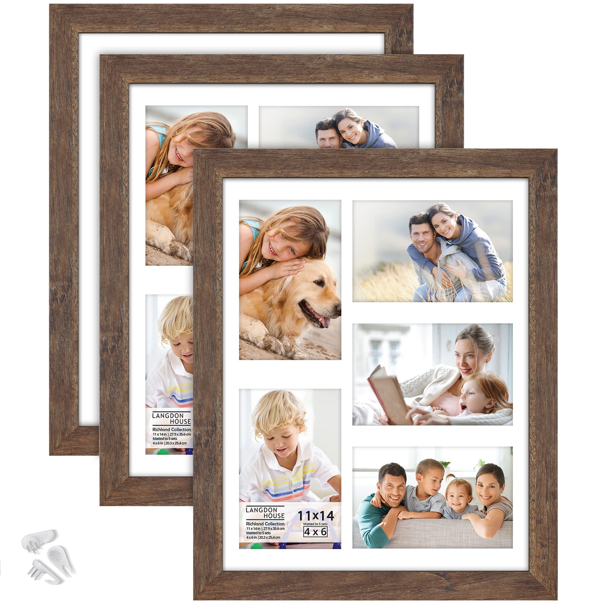 Langdon House 14x11 Collage Picture Frames w/Mat for 5-6x4 Photos (Rustic Brown, 3 Pack), Woodgrain Style, Wall Mount Only, Richland Collection