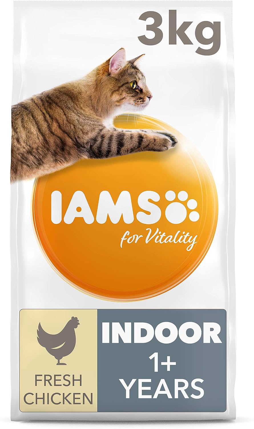 IAMS Indoor Complete Dry Cat Food Chicken 3kg - Litter Odour Control, Hairballs & Weight Management, Bronze, 3 kg (Pack of 1)