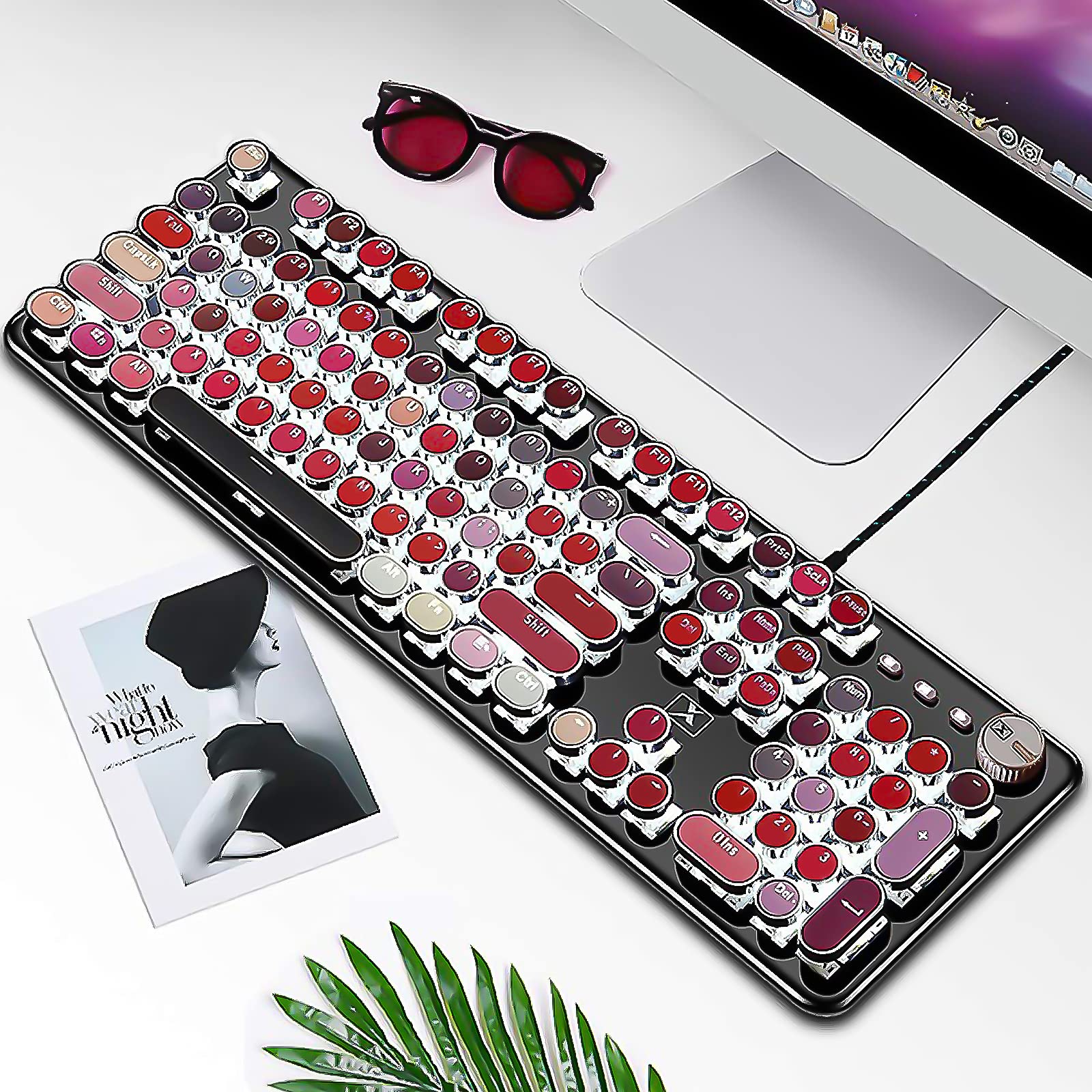 Basaltech Typewriter Style with White LED Backlight,Vintage Mechanical Gaming Keyboards with Lipstick Round Keycaps, Blue Switches 104-Keys Wired Keyboard Metal Panel for Laptop/pc