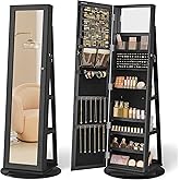 SONGMICS 360&deg; Swivel Jewelry Cabinet, Full-Length Mirror, Lockable | Jewelry Armoire Organizer, Mirror with Storage, Rear Storage Shelves, Interior Mirror, Gift Idea, Black UJJC006B01