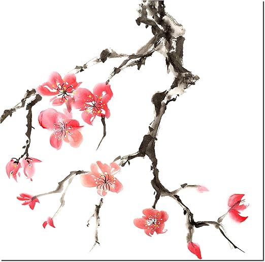 Amazon Com Square Canvas Wall Art Japanese Cherry Blossom Branch Illustration Modern Gallery Wrapped Home Decor Ready To Hang 12x12 Inches Paintings